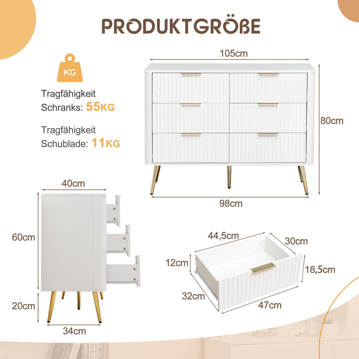 KOMMODE Weiß 105/40/80 cm - Weiß, Holzwerkstoff (105/80/40cm) - PANGIVO