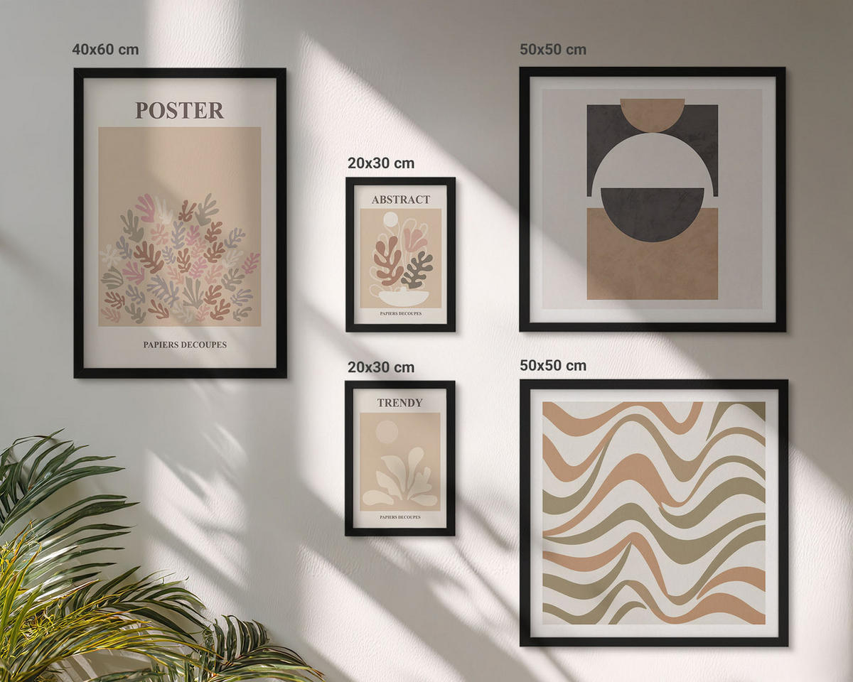 WANDBILDER 5er-Set - 50x50 cm & 20x30 cm & 40x60 cm Schwarzer Rahmen - Abstrakte Formenmuster - Schwarz, Kunststoff (40/60cm) - ArtPrintCave
