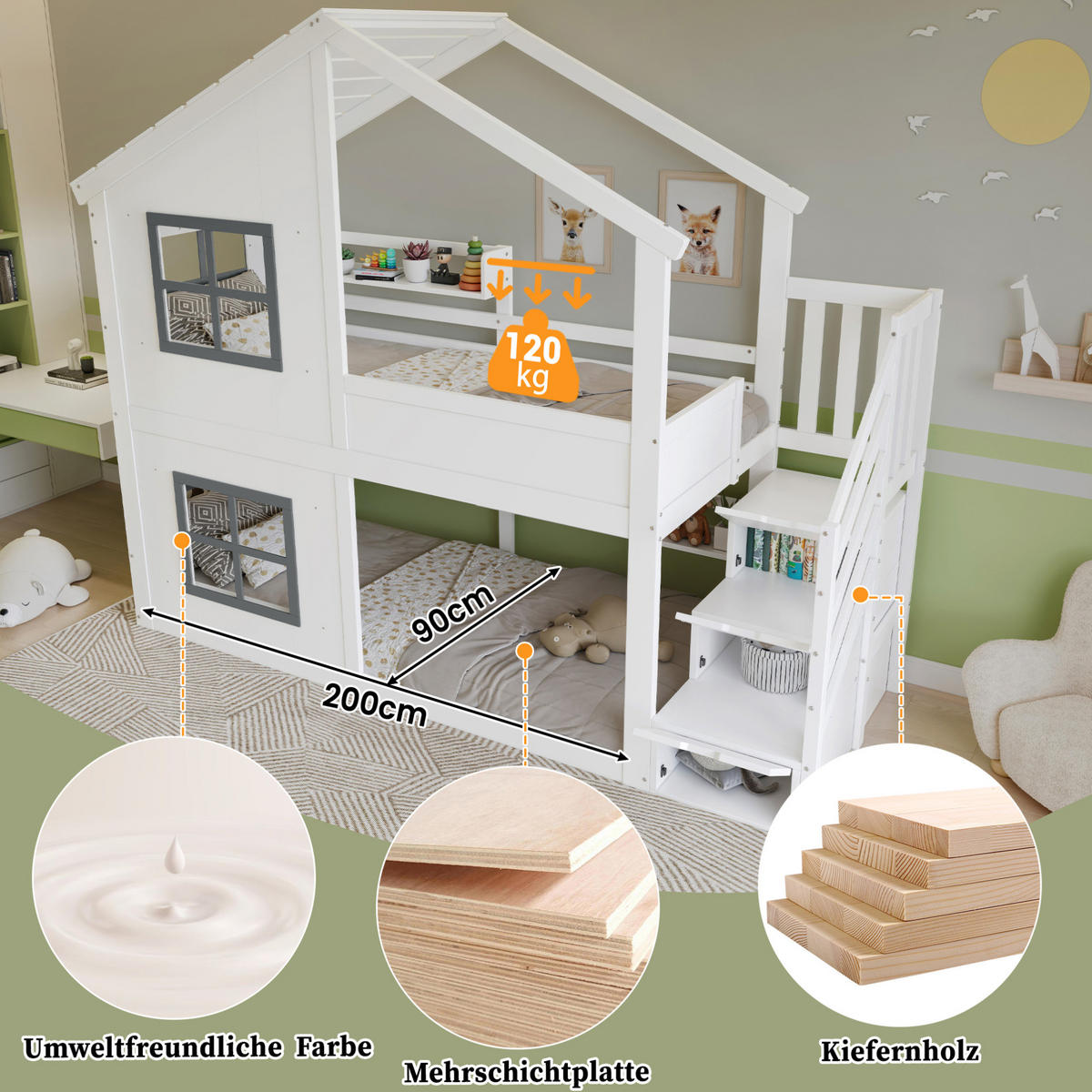 ETAGENBETT 90/200 cm weiß und grau aus Kiefer mit Treppen-Stauraum - Weiß, Holz (90/200cm) - OKWISH