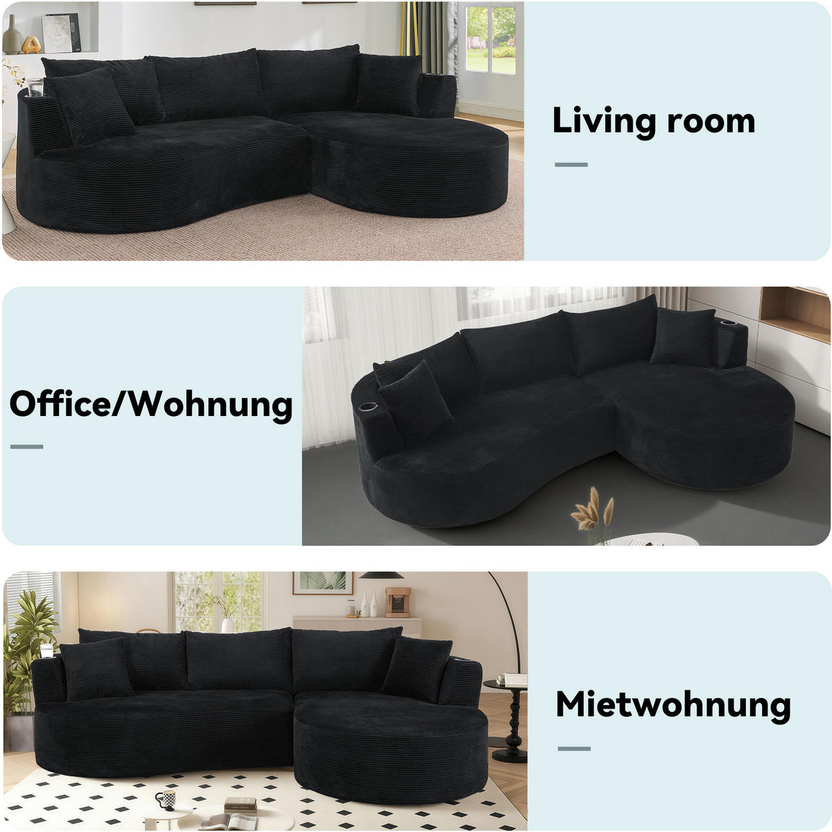 3-SITZER ECKSOFA Cord Schwarz mit Getränkehaltern und Kissen - Schwarz, Textil (264/168cm) - WISHDOR