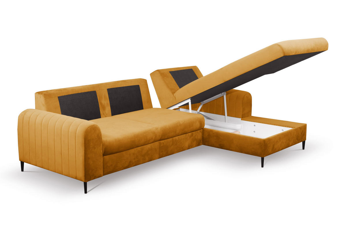 ECKSOFA VERONA R-S Gelb Velours-Stoff mit Schlaffunktion - Gelb, Holz (251/164cm) - MASSENO
