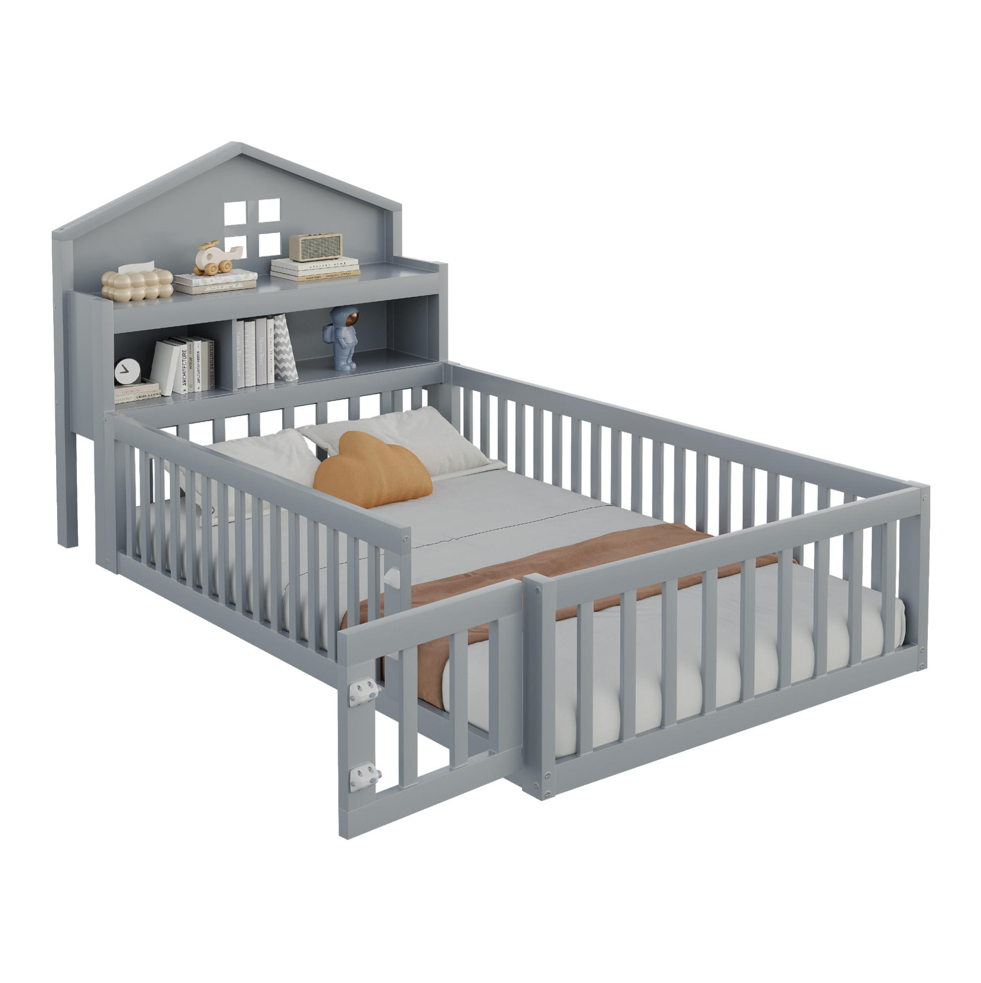 KINDERBETT 90/200 cm in Hausform mit Schutzgitter, Tür und Stauraum - Grau, Holzwerkstoff (90/200cm) - BEAOK