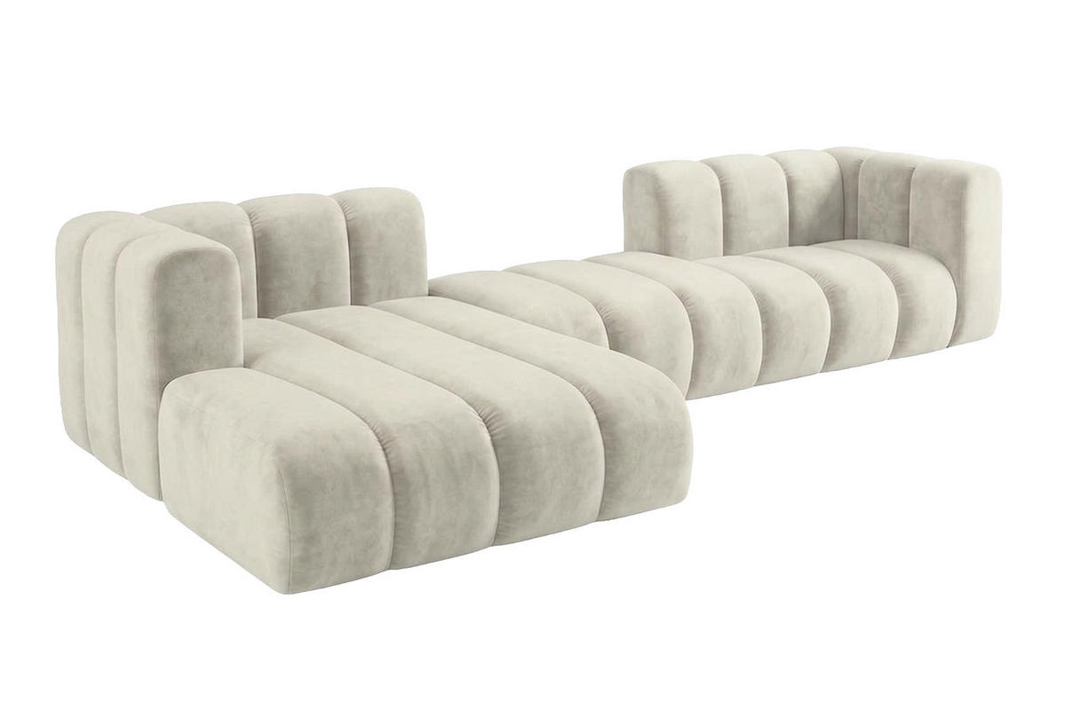 ECKSOFA Modulares In L-Form, Velvet-Stoff Riviera, Ecru, Links, GRAND 319 cm - Creme, Holz (319/175cm) - Kaiser Möbel