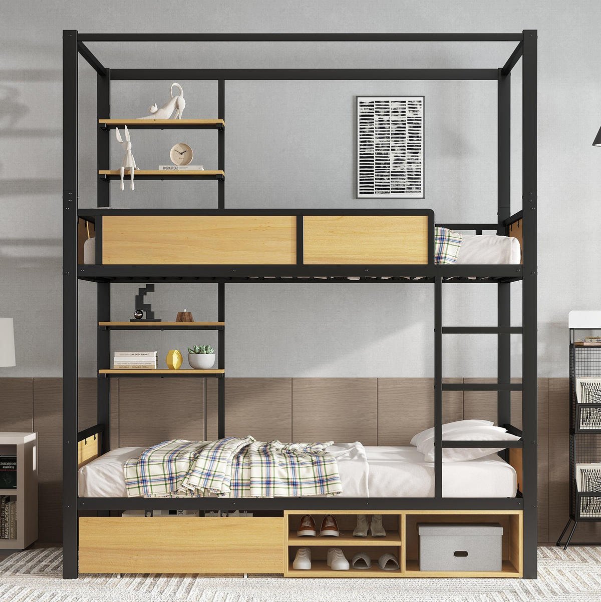 ETAGENBETT 90/200 cm mit Treppe, Ablageflächen und Stauraum aus Metall und MDF, Schwarz/Natur - Schwarz, Holzwerkstoff (90/200cm) - Redom