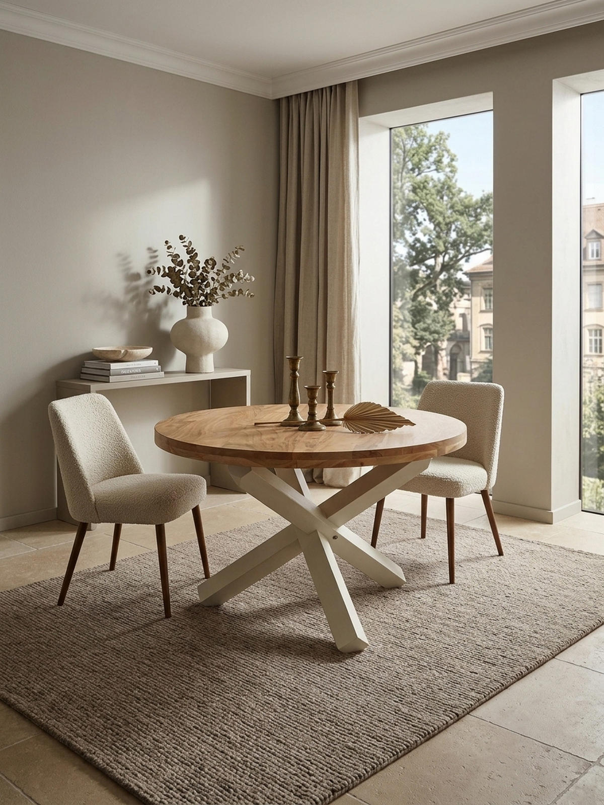 ESSTISCH Massivholz Rund Kreuzbeine Handgefertigt TEKO, Beige 120x120x75 cm - Beige/Weiß, Holz (120/120/75cm) - KADIMA DESIGN
