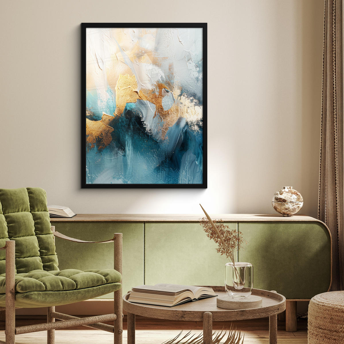 GERAHMTES BILD Abstrakt - Kunst - Gold - Blau 60x80 cm - Petrol, Papier (60/80cm) - MuchoWow