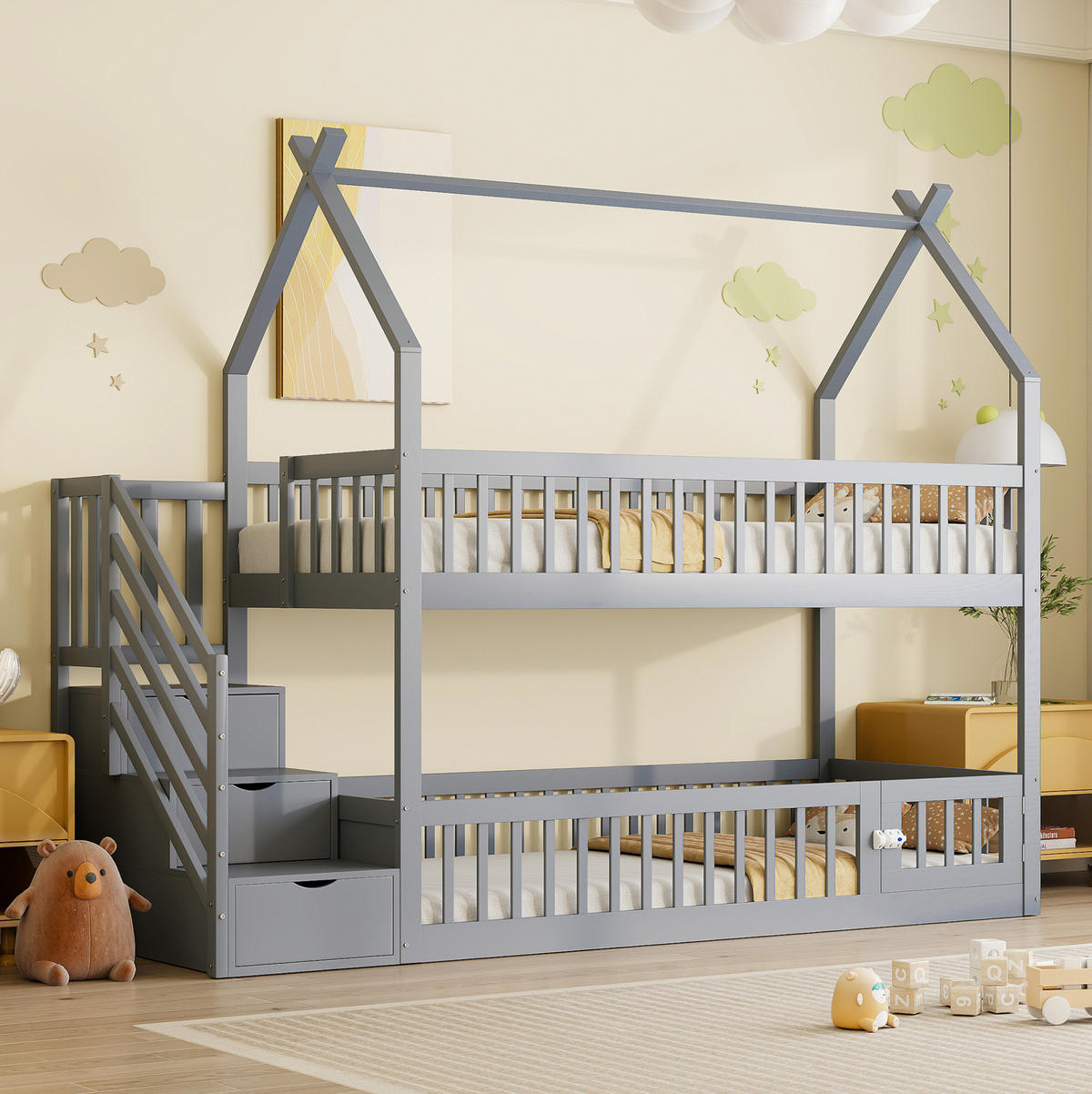 HAUSBETT 90/200 cm Grau mit Dach, Treppe und Schubladen - Grau, Holz (90/200cm) - Flora Grace