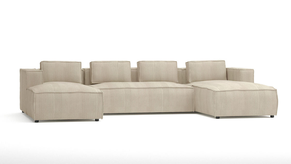 WOHNLANDSCHAFT Nova Beige Cord - Beige/Schwarz, Holz/Kunststoff (327/64/176cm) - S-Style Möbel