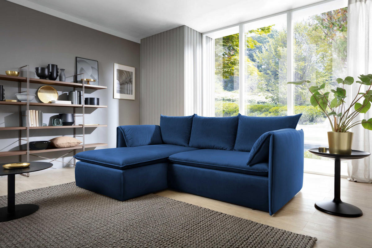 ECKSOFA PREGIO Blau Plüsch-Stoff mit Schlaffunktion - Blau, Holz (230/166cm) - MASSENO
