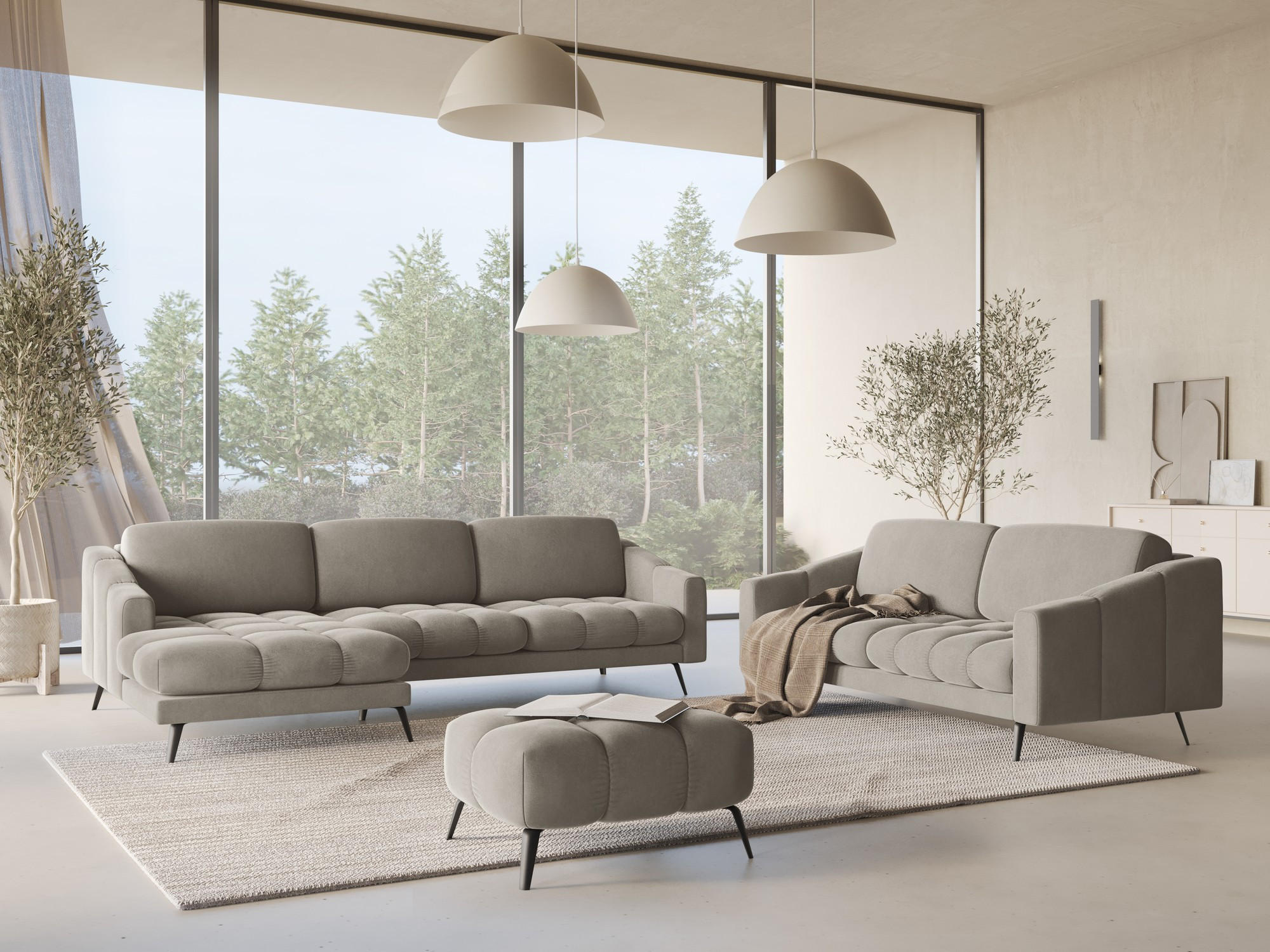 ECKSOFA Links Samt Stoff Grau - Taupe/Schwarz, Textil/Metall (160/264cm) - Makamii