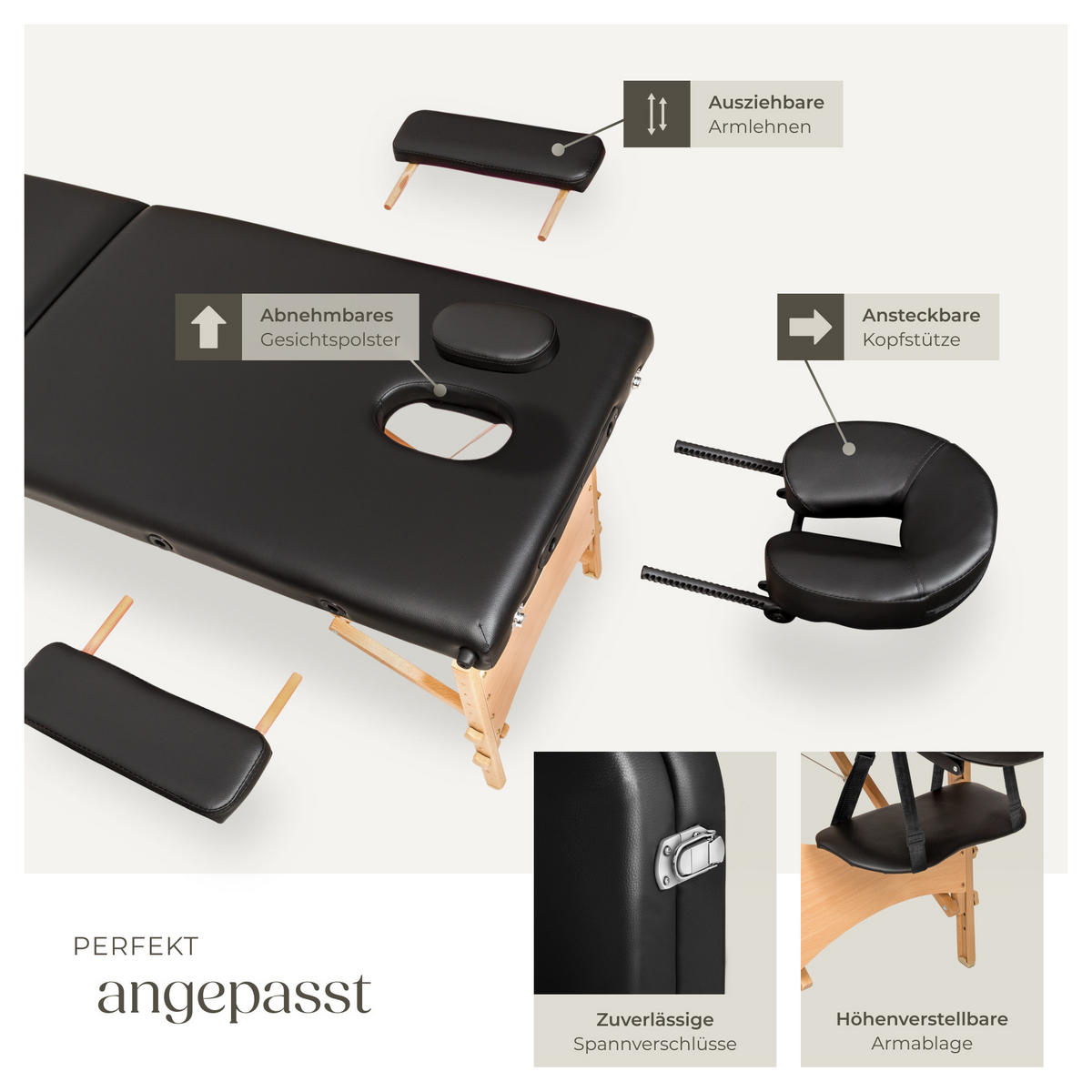 MASSAGELIEGE 2 Zonen Freddi,210 x 95 x 84 cm,schwarz - Schwarz, Holz (61/62/185cm) - tectake