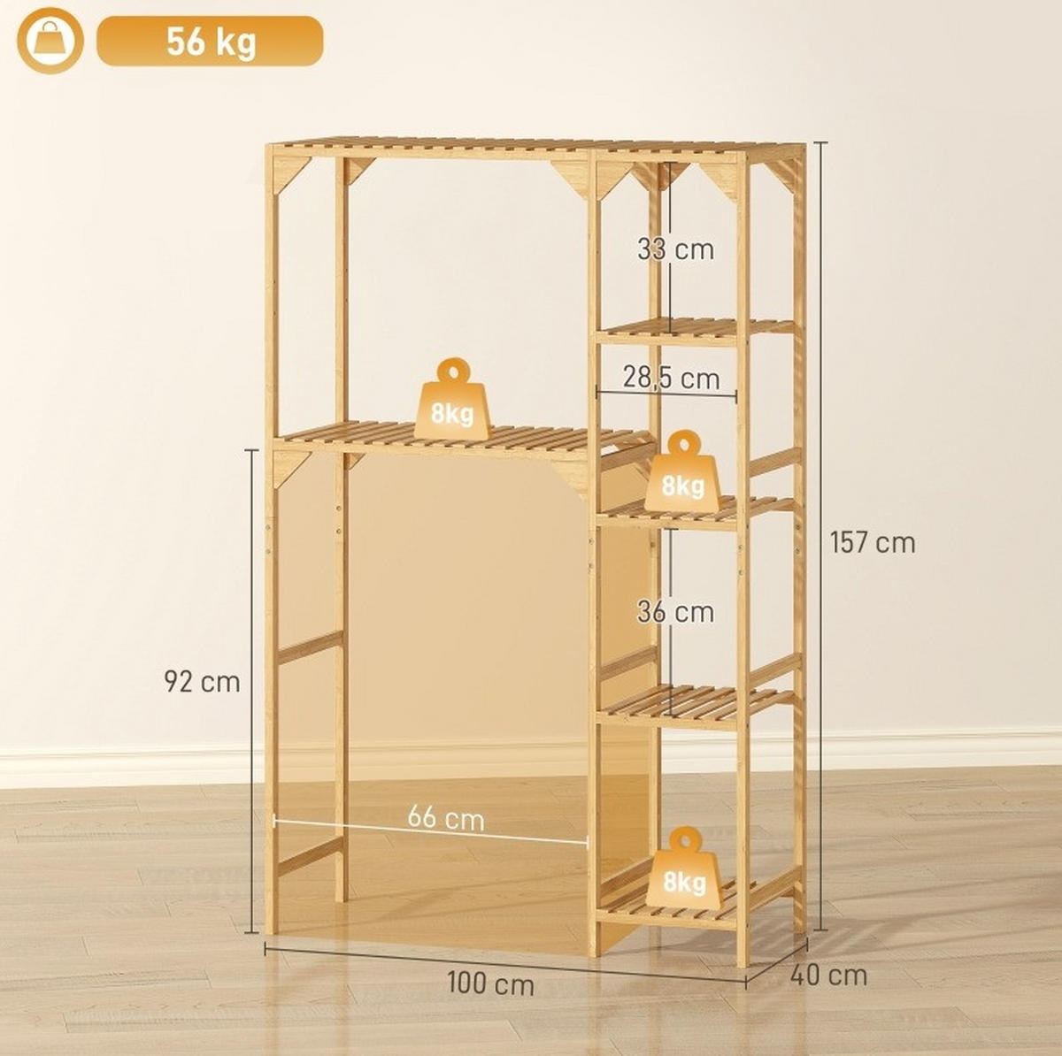 STANDREGAL 100/40/157 cm mit 7 Ablagen und variabler Seitenmontage, Natur - Naturfarben, Naturmaterialien (100/157/40cm) - Redom