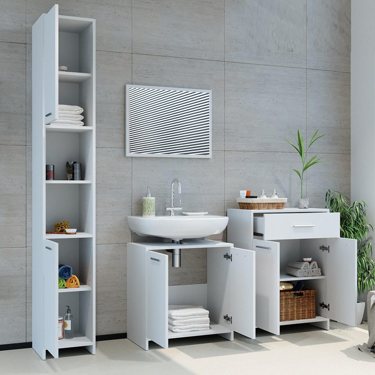 BADMÖBEL-SET Kiko Weiß 4 Teile, mit Hochschrank und Kommode - Weiß, Holzwerkstoff (58/60/33cm) - Vicco