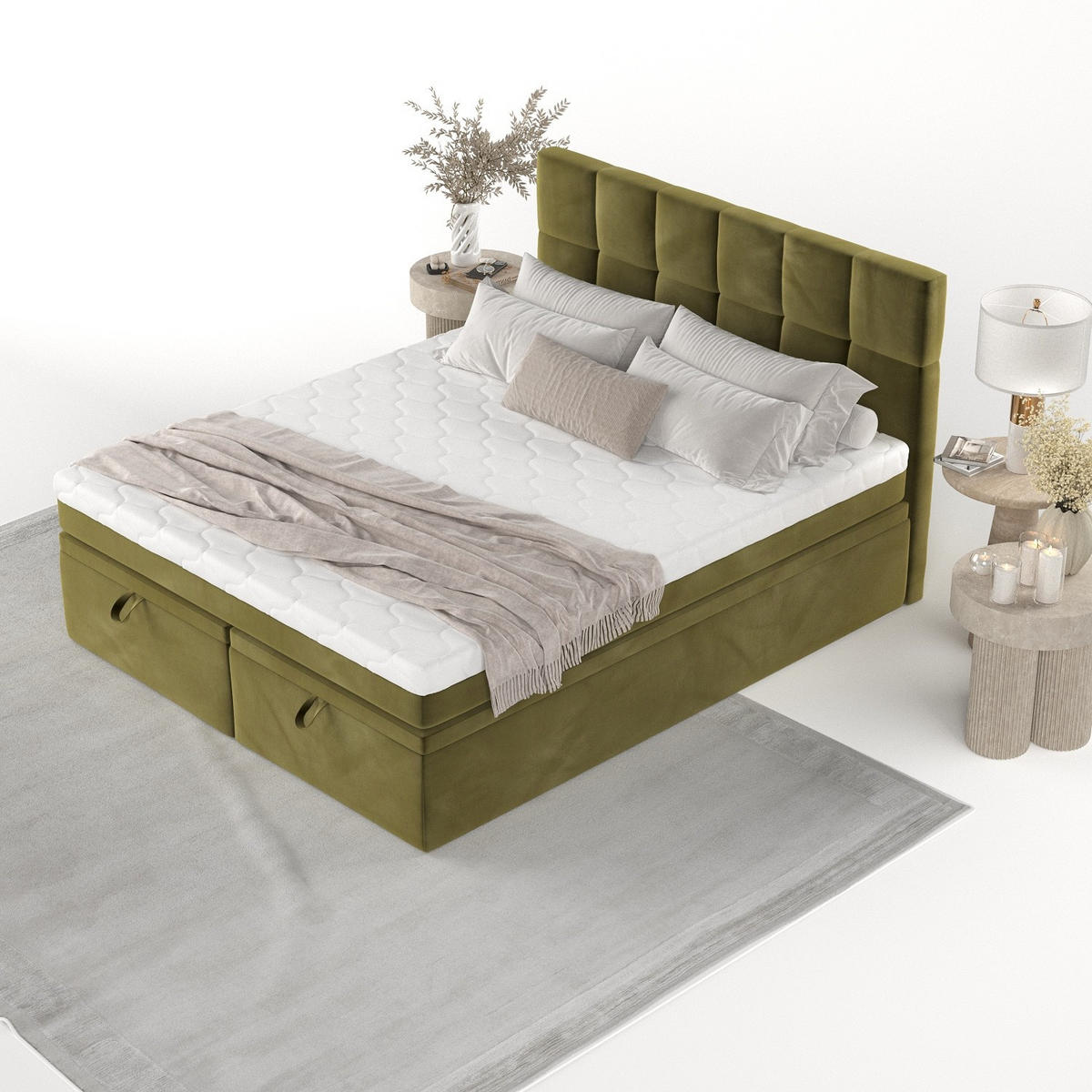 BOXBETT Elano 180/200 cm Olivgrün im Kronos Stoff - Schwarz/Olivgrün, Holz/Holzwerkstoff (180/200cm) - AltaBeds