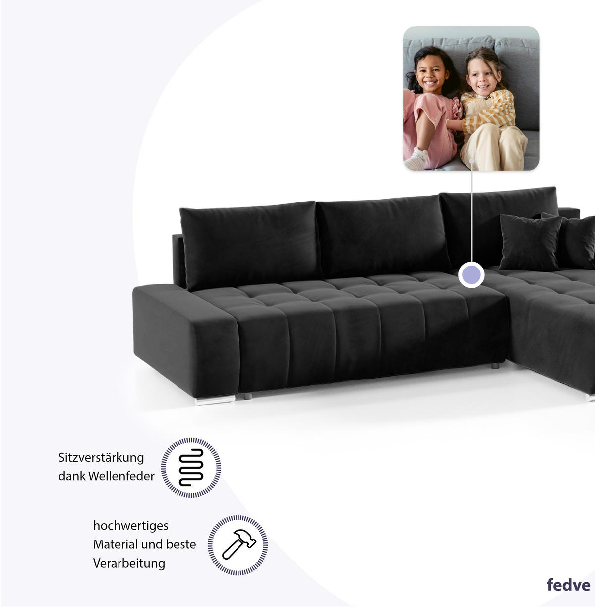 ECKSOFA mit Schlaffunktion Dhaka L, Schwarz - Schwarz, Textil (185/265cm) - Fedve