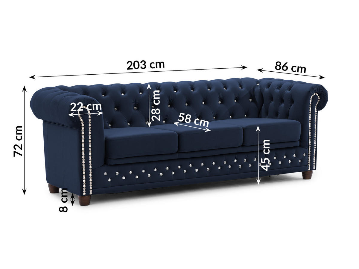 CHESTERFIELD-SOFA 3-Sitzer mit Schlaffunktion Cleo Blink Marineblau Samt mit Kristallsteppung und braunen Massivholzfüßen - Blau/Braun, Holz/Textil (203/72/86cm) - S-Style Möbel