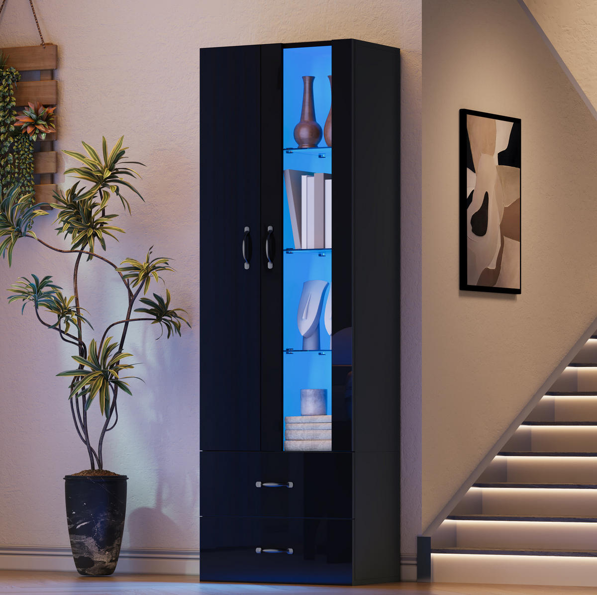 VITRINE 59,5/35/182 cm aus Holzwerkstoff mit LED-Beleuchtung und Acryltür Schwarz - Schwarz, Holzwerkstoff (60/182/35cm) - Modenvie