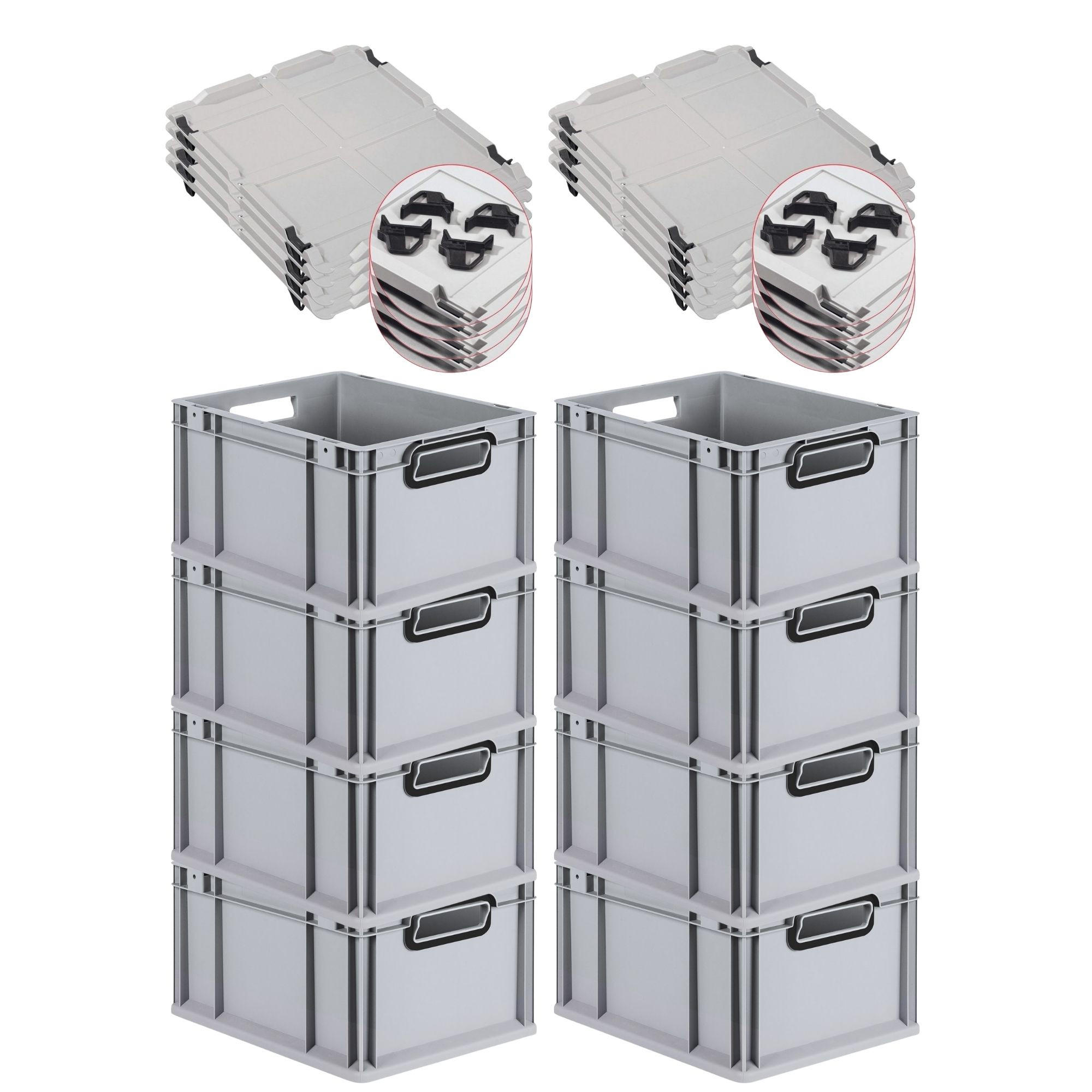 EUROBOX 8x NextGen Color mit Auflagedeckel 22x30x40 cm 20 Liter Grau Griffe schwarz offen - Schwarz/Grau, Kunststoff (30/22/40cm) - PROREGAL