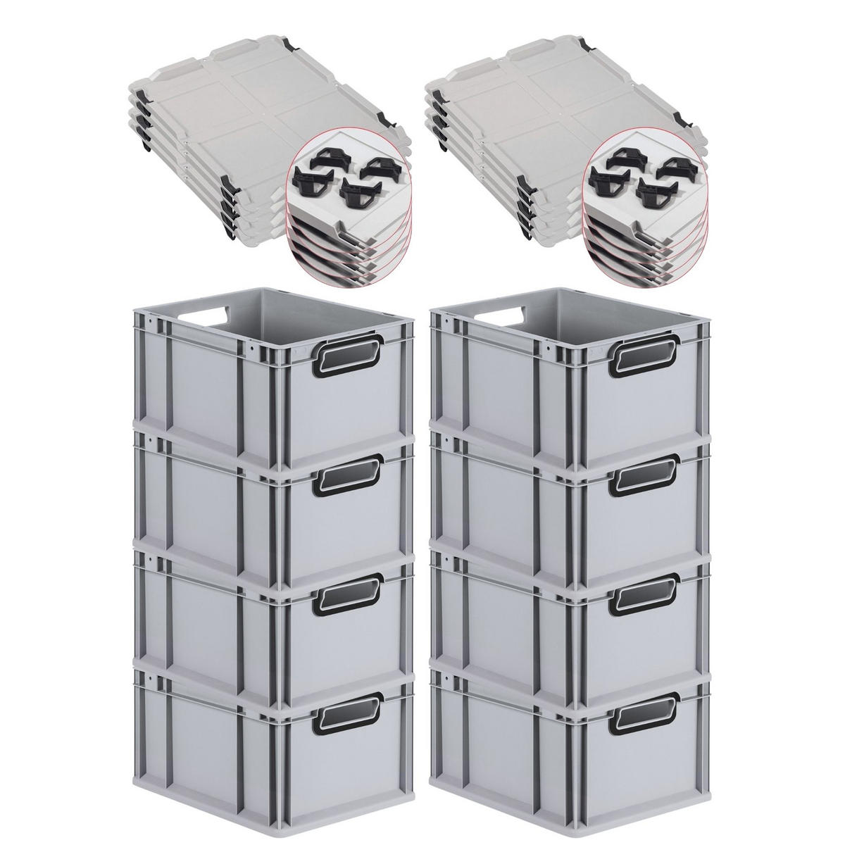 EUROBOX 8x NextGen Color mit Auflagedeckel 22x30x40 cm 20 Liter Grau Griffe schwarz offen - Schwarz/Grau, Kunststoff (30/22/40cm) - PROREGAL