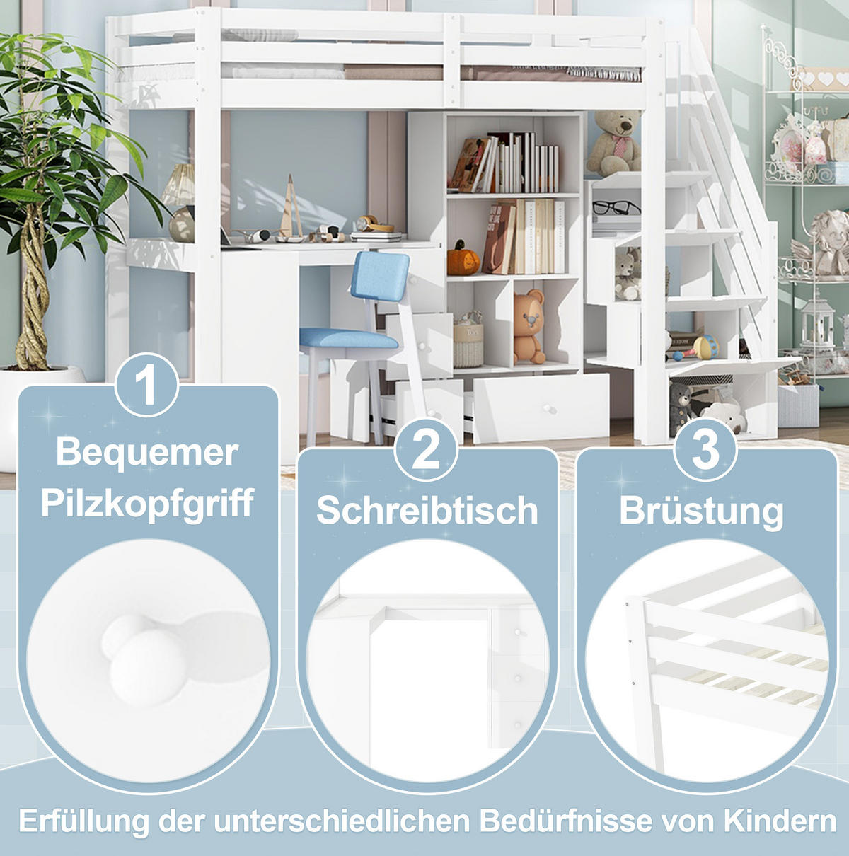 HOCHBETT 90/200 cm mit Schreibtisch, Schubladen, Regalen und Stauraumleiter aus Kiefer , Weiß - Weiß, Holzwerkstoff (90/200cm) - Redom