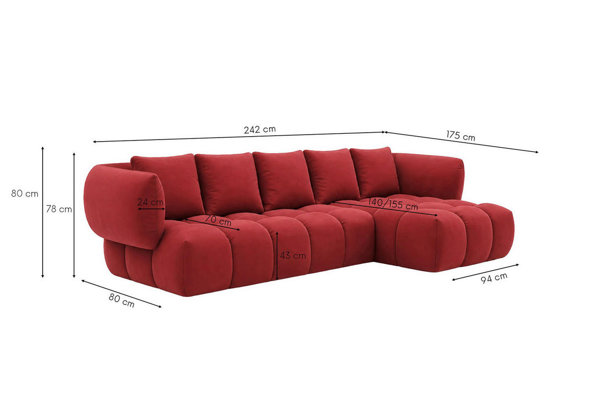 ECKSOFA L-Form, Veloursstoff Bluvel, Rotwein, Rechts, SEVIO L - Weinrot, Holz (242/175cm) - Kaiser Möbel