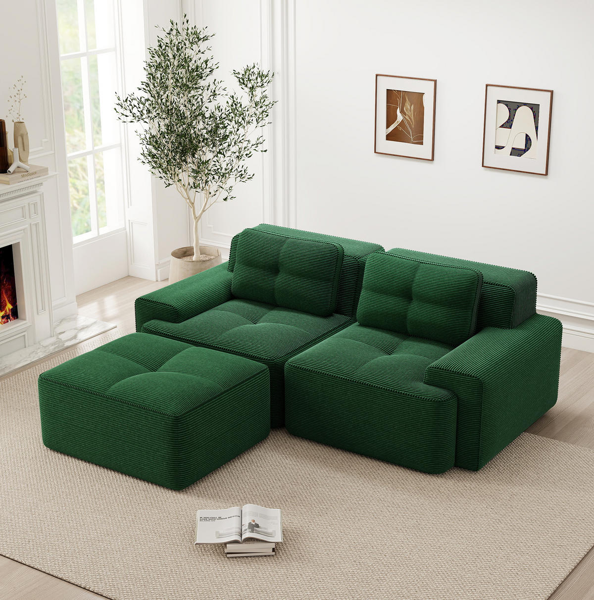 ECKSOFA 204/104/69 cm grün aus Cord mit Tiefsitz und flexibler Ottomane - Grün, Textil (177/204cm) - OKWISH
