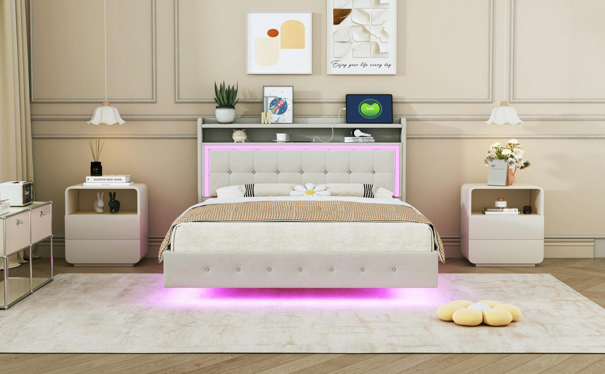 POLSTERBETT 140/200 cm Beige aus Stoff mit USB-Steckdose und LED-Beleuchtung - Beige, Textil (140/200cm) - OKMYHOME