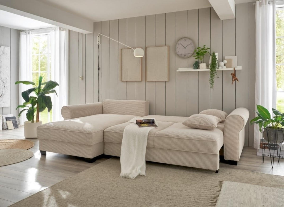 ECKSOFA beidseitig montierbar, Schlaffunktion mit Bettkasten und Nosagfederung in Breitcord - Beige/Schwarz, Textil (318/197cm) - ed exciting design
