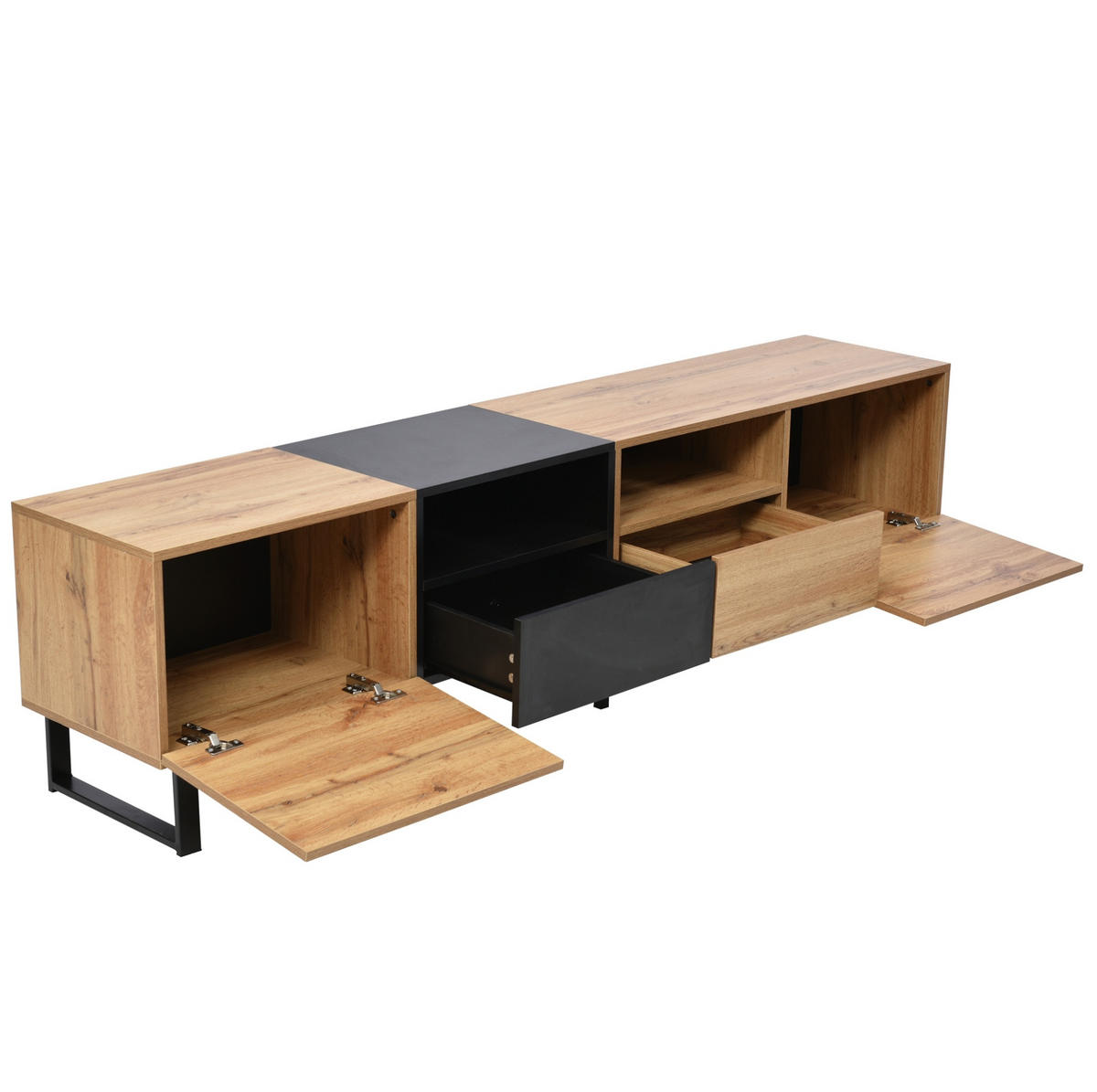 TV-LOWBOARD aus MDF 190x38x48 cm Schwarz/Naturholz mit 2 Türen und 2 Schubladen - Naturfarben, Holzwerkstoff (190/48/38cm) - IVMEU