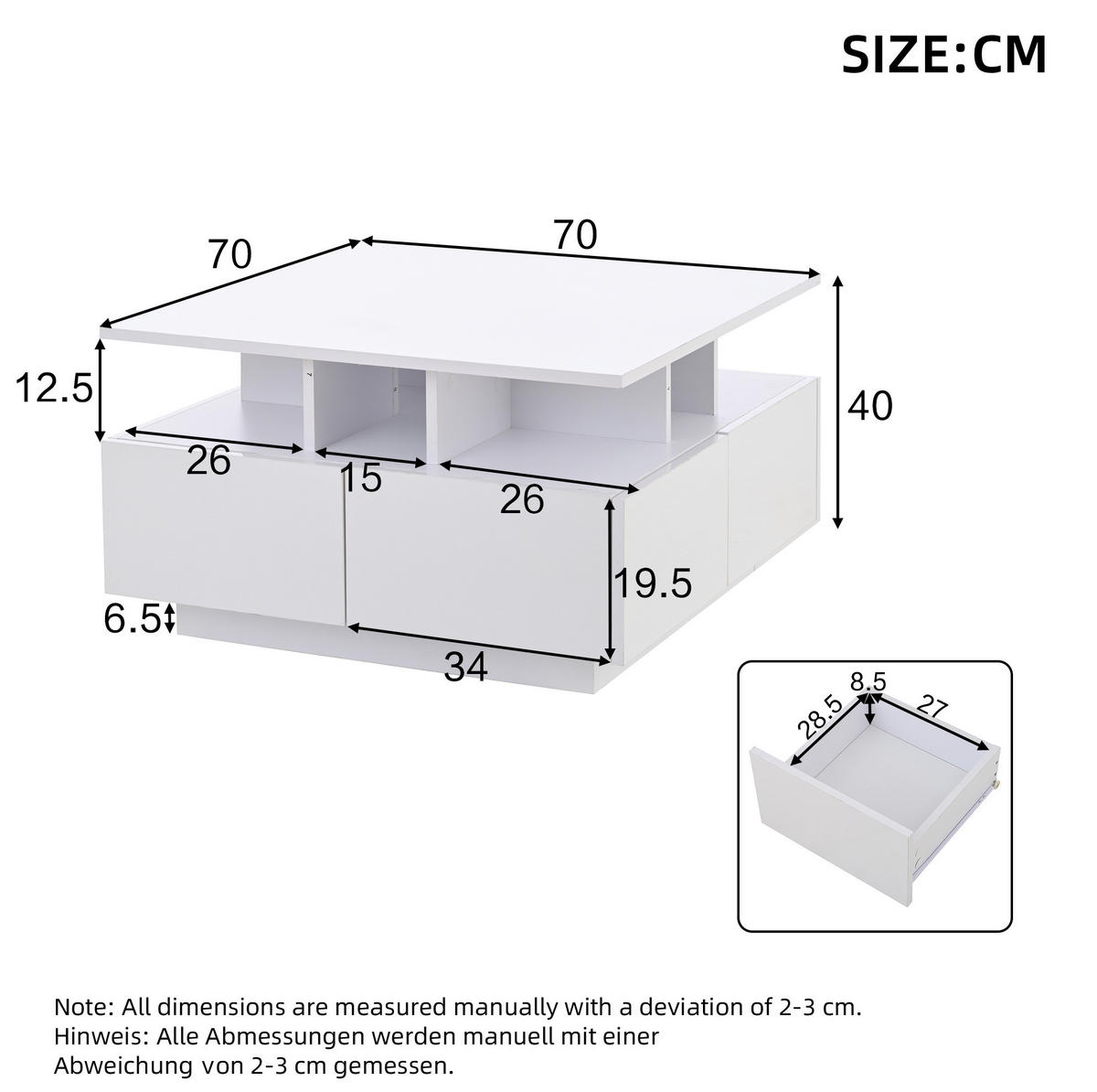 KONFERENČNÍ stolek, 70/70/40 cm, bílý, vysoký lesk s LED a 4 zásuvkami - bílá, kompozitní dřevo (70/70/40cm) - BEAOK