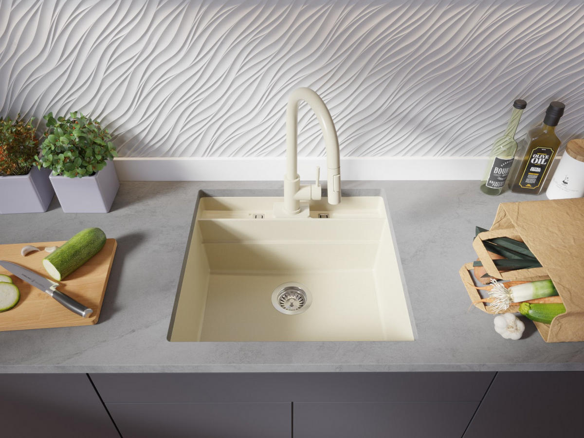 UNTERBAUSPÜLE GRANIT Bergen Pocket, 2-er set Beige 56/54 cm 1 Becken + Küchenarmatur 38/14 cm + Ablauf-Set + Küchenzubehörset ab 60er Unterschrank - Chromfarben/Beige, Kunststoff (56/20/54cm) - Primagran