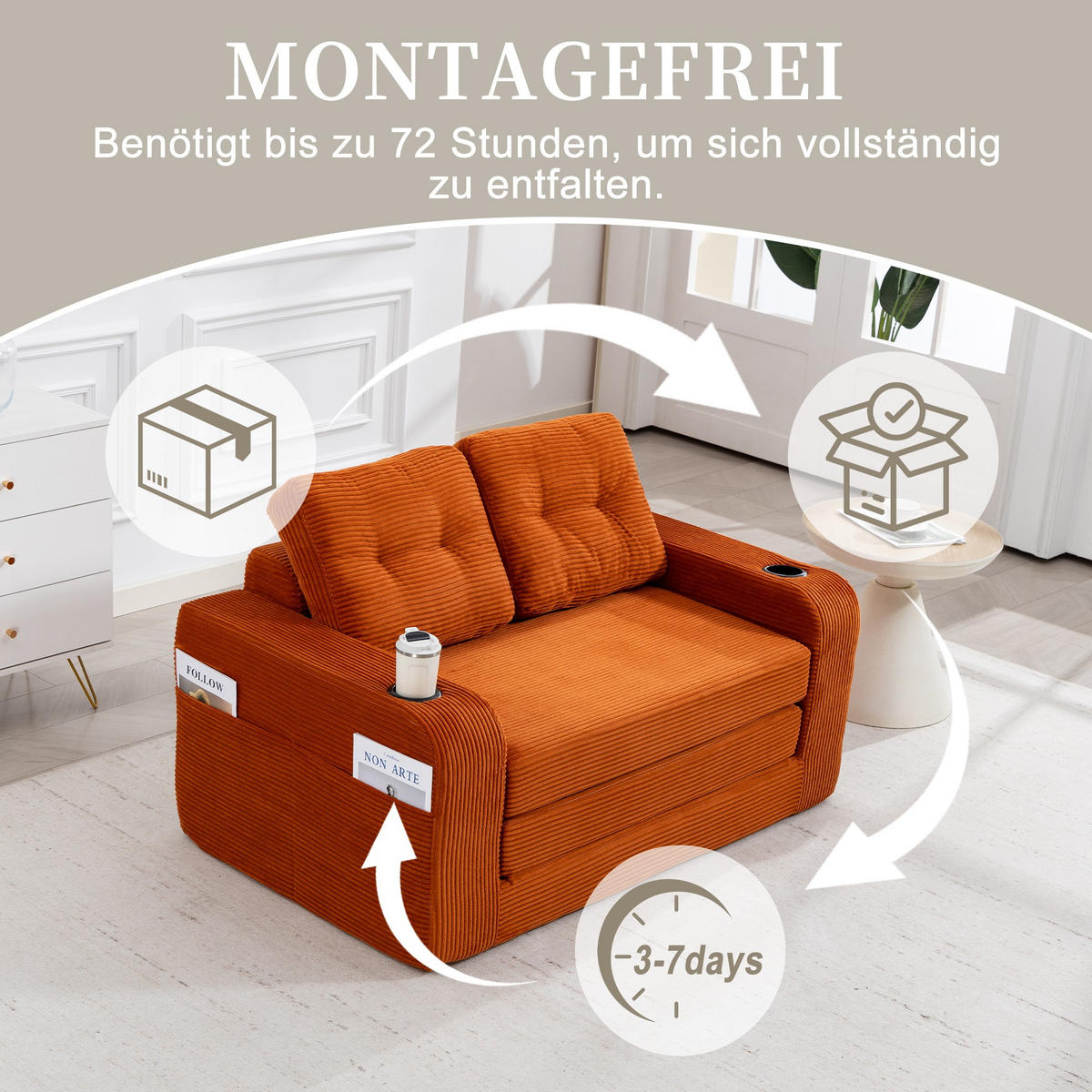 SCHLAFSOFA 2-Sitzer Sofa mit 2 Zierkissen,Lounge Sofa,Polstersofa,Cord,Orange - Orange, Textil (136/82.5/80cm) - LVHOM
