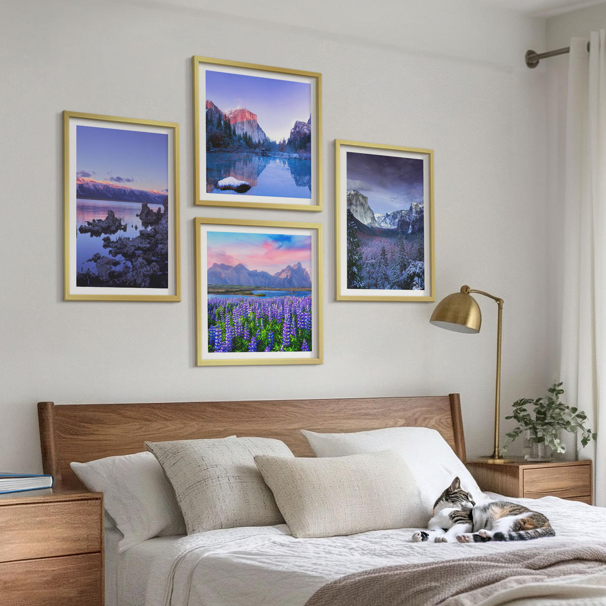 BILDER SET 4er Set - 50x50 cm & 40x60 cm Goldrahmen - Berglandschaften, Wasser, Blumenfeld - Goldfarben, Kunststoff (50/50cm) - TULUP