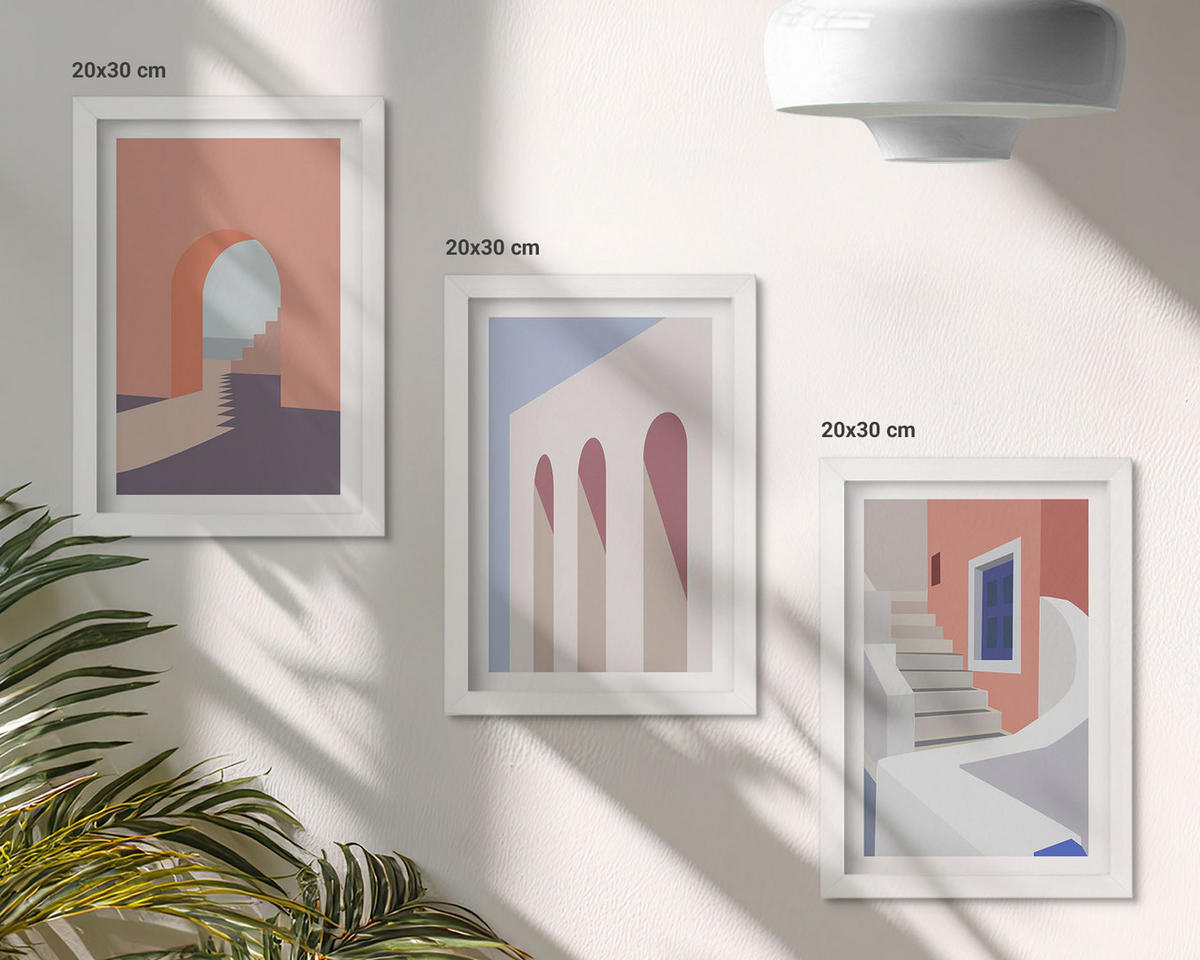 WANDBILDER 3er-Set - 20x30 cm Weißer Rahmen - Minimalistische Architekturillustrationen - Weiß, Kunststoff (20/30cm) - ArtPrintCave