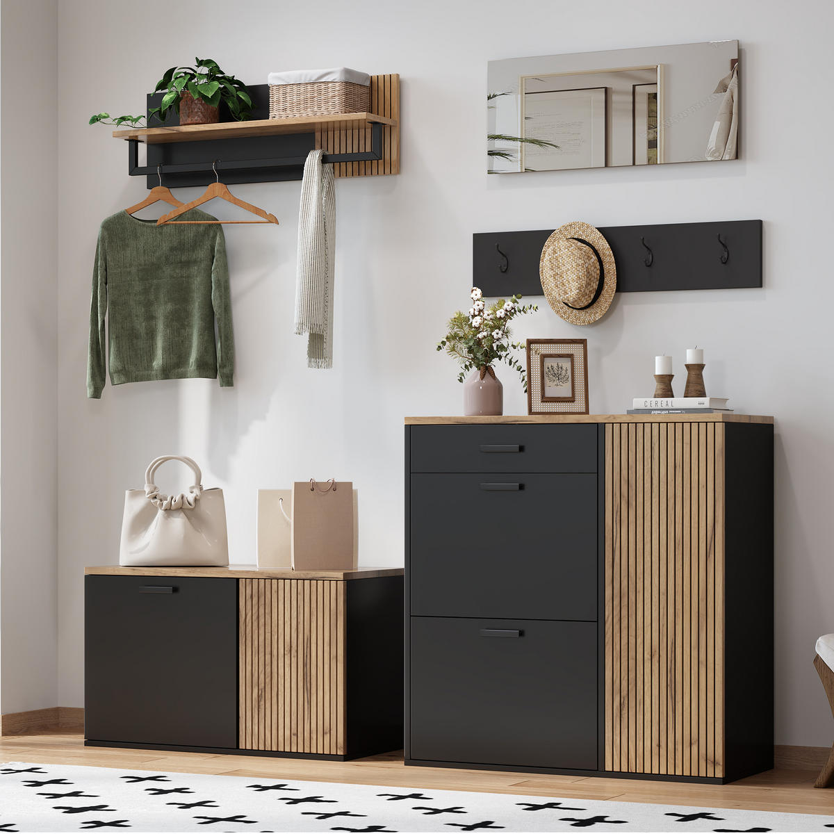 GARDEROBE-SET in Schwarz Schuhschrank mit Spiegel, Schuhschrank & Haken, Flurmöbel mit Stauraum, B120/T35/H180cm - Naturfarben, Holzwerkstoff/Metall (85/85/36cm) - STILVORA