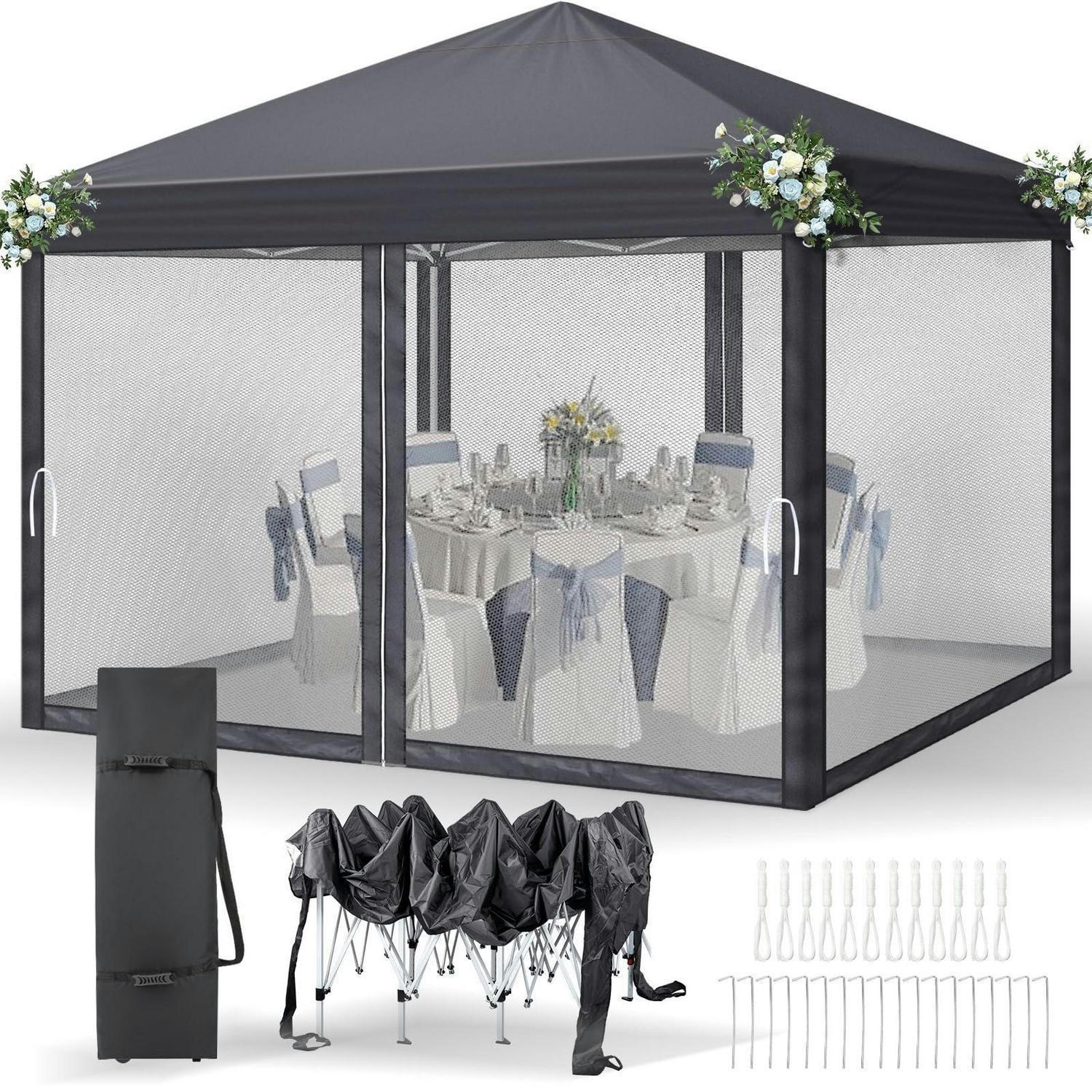 FALTPAVILLON 3 x 3 m Anthrazit mit Moskitonetzen - Anthrazit, Textil (300/245/300cm)