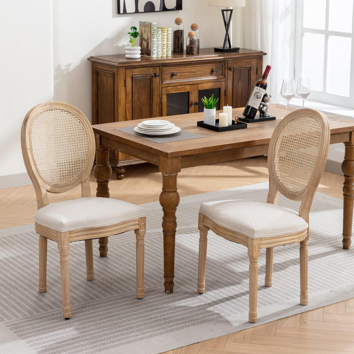 ESSZIMMERSTUHL 2er-Set Französischer Stil Beige Rattan Stoff - Beige, Holz (49/95/59.5cm) - Meubliv