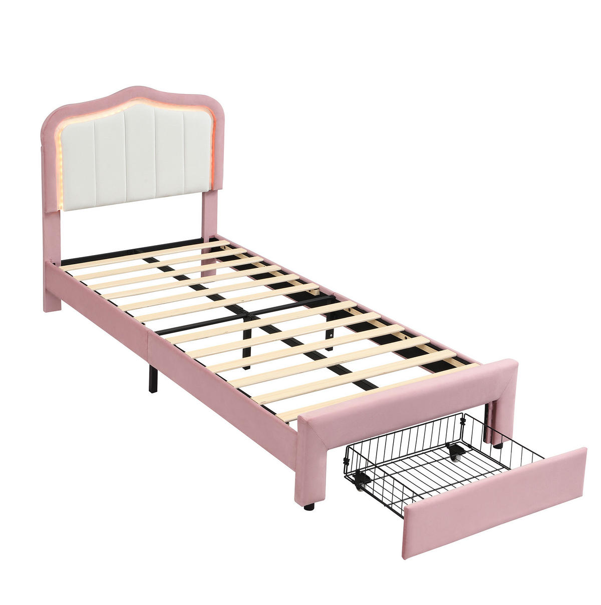 KINDER-POLSTERBETT aus Samt 90x200 cm Rosa mit Schublade und app-gesteuerter LED-Beleuchtung - Pink, Textil (90/200cm) - Modfu