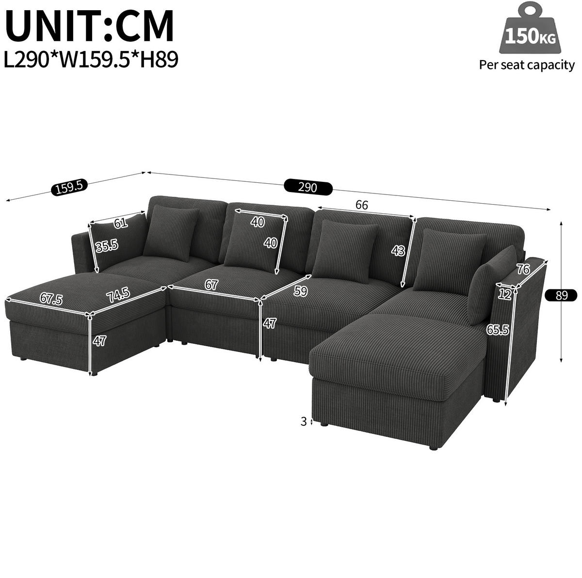 ECKSOFA 290/159,5/89 cm mit verstellbaren Armlehnen, modular und mit Hockern, Cord, Grau - Grau, Textil (290/159.5cm) - Redom