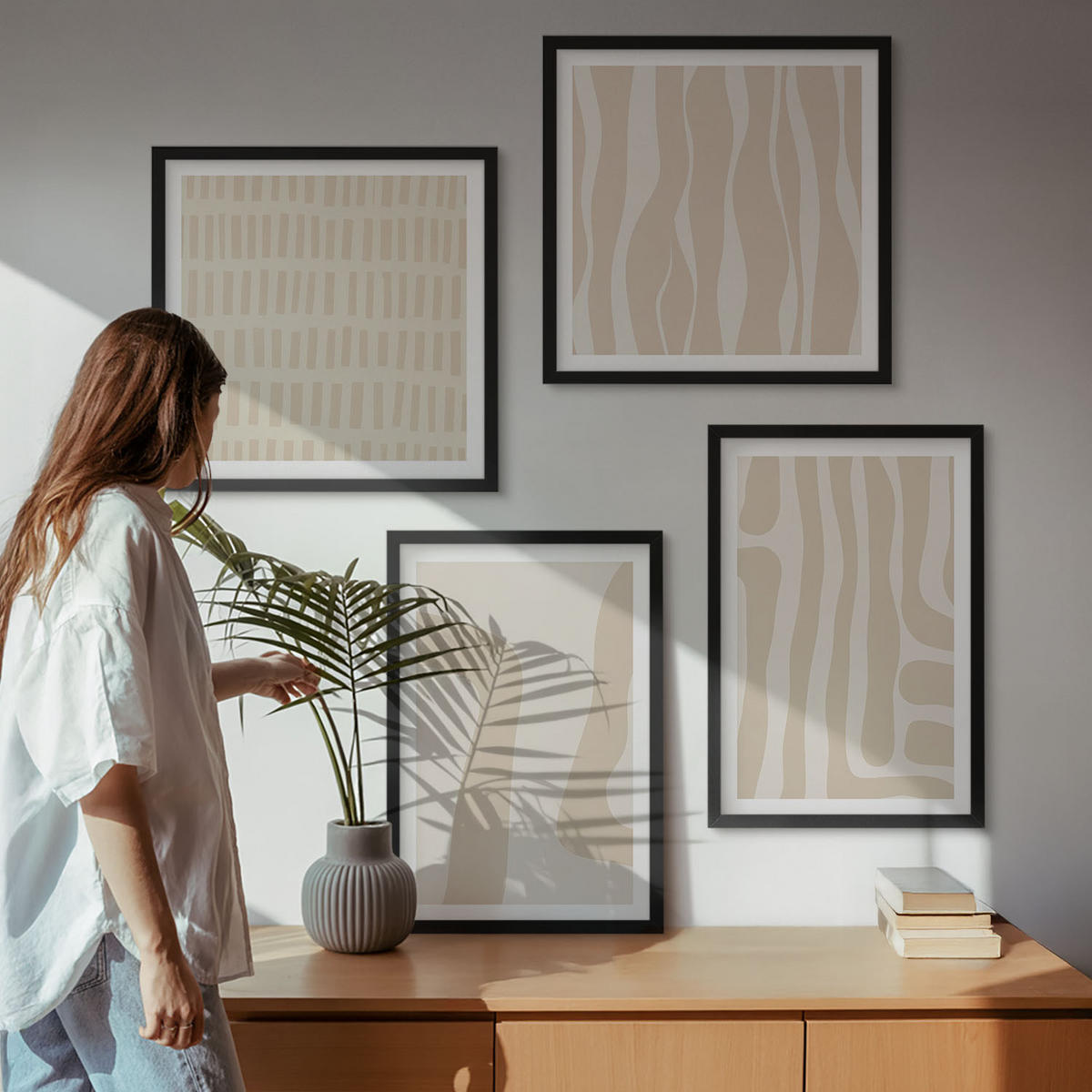 BILDER SET 4er Set - 50x50 cm & 40x60 cm Schwarzer Rahmen - Abstrakte Boho-Musterformen - Schwarz, Kunststoff (50/50cm) - TULUP
