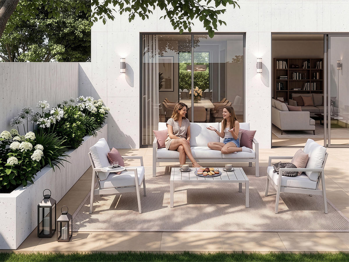 GARTENMÖBEL-SET mit 1 Dreisitzer-Sofa. 2 Einzelstühlen und 1 Couchtisch. Creme & Beige - Beige, Metall - Home Collective