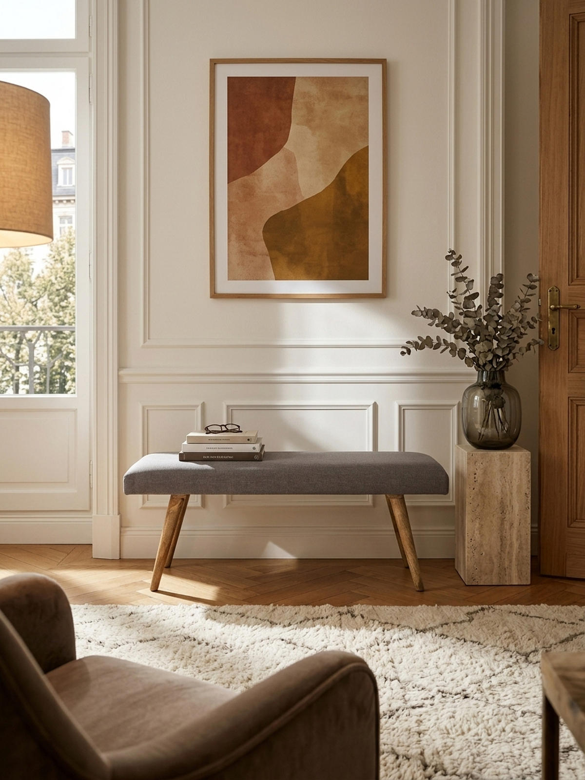 SITZBANK SILE Retro Stil Stoffbezug Massivholz, Grau 117x38x51 cm - Braun/Grau, Mangoholz/Textil (117/51/38cm) - KADIMA DESIGN