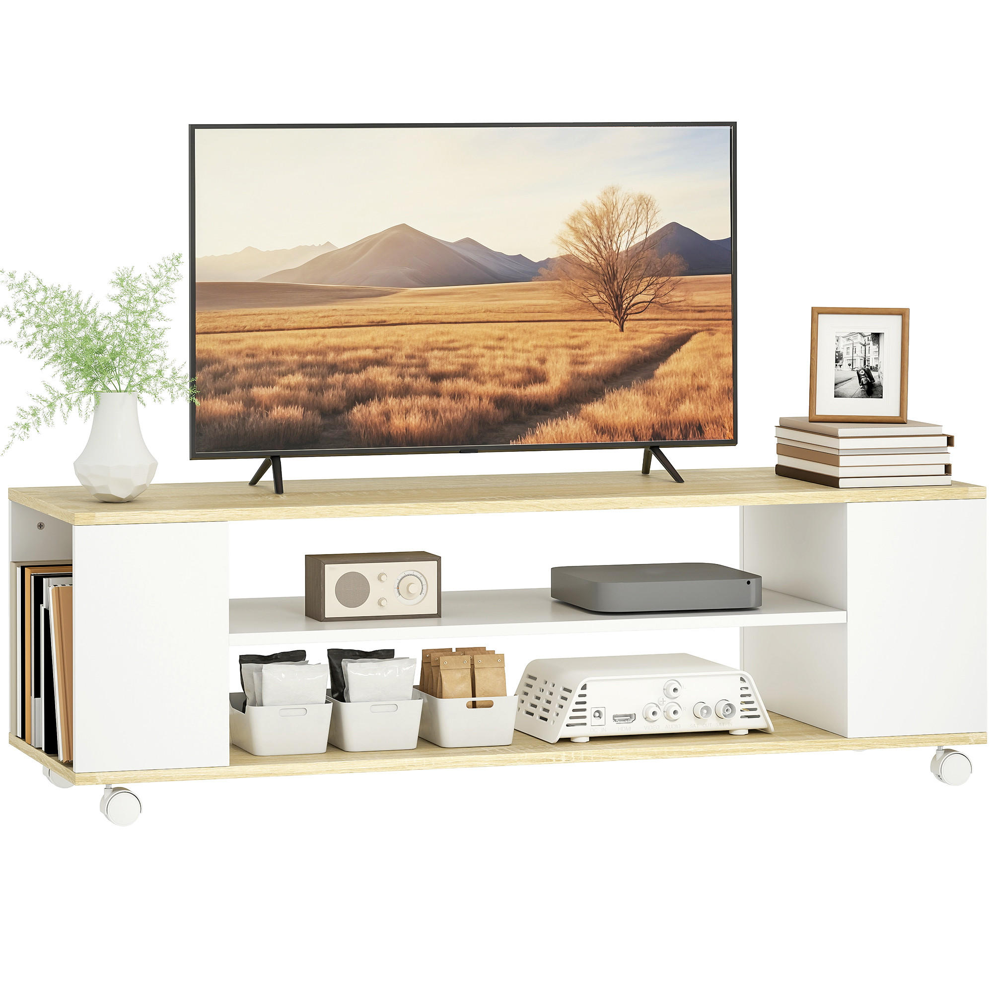 TV-LOWBOARD Weiß/Natur 120/40/38,5 cm, mit Rollen, Wandmontage möglich - Weiß, Holzwerkstoff (120/38.5/40cm) - PANGIVO