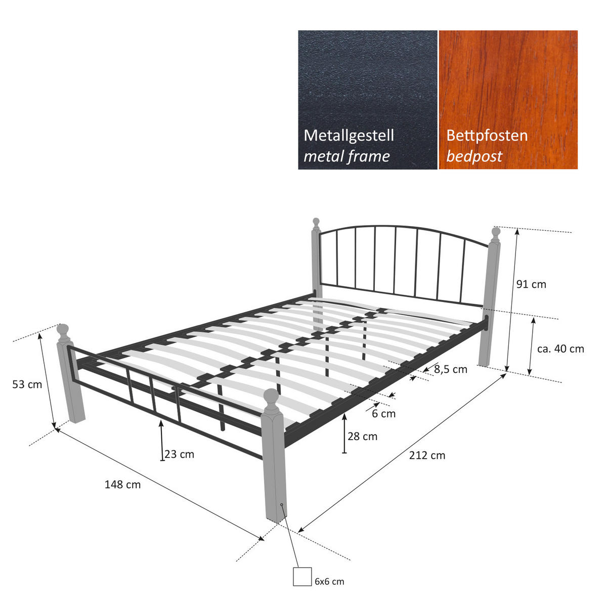 METALLBETT 140/200 cm in Schwarz mit Lattenrost - Schwarz/Braun, Metall (140/200cm) - Homestyle4u