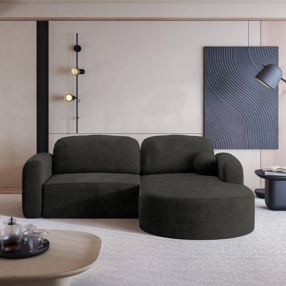 ECKSOFA AMILIA M R-S Schwarz Velours-Stoff mit Schlaffunktion - Schwarz, Holz (263/174cm) - MASSENO