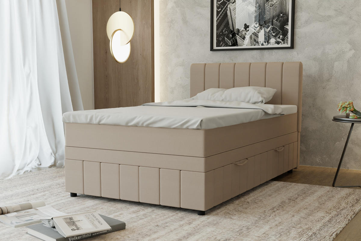 BOXBETT AVALON 120 x 200 cm mit Bettkasten und Topper - Beige - Beige, Holz - Panda Möbel
