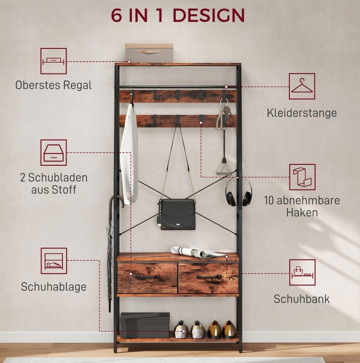 FLURGARDEROBE 80/30/180 cm mit Kleiderstange, Schuhbank, 10 Haken und Stoffschubladen aus Holz und Metall, Braun - Braun, Holz (80/180/30cm) - Redom