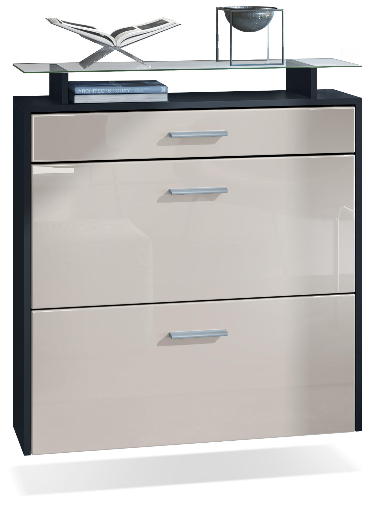 SCHUHSCHRANK Malea Front in Sandgrau Hochglanz - Sandfarben, Holzwerkstoff (89/96/23cm) - Vladon