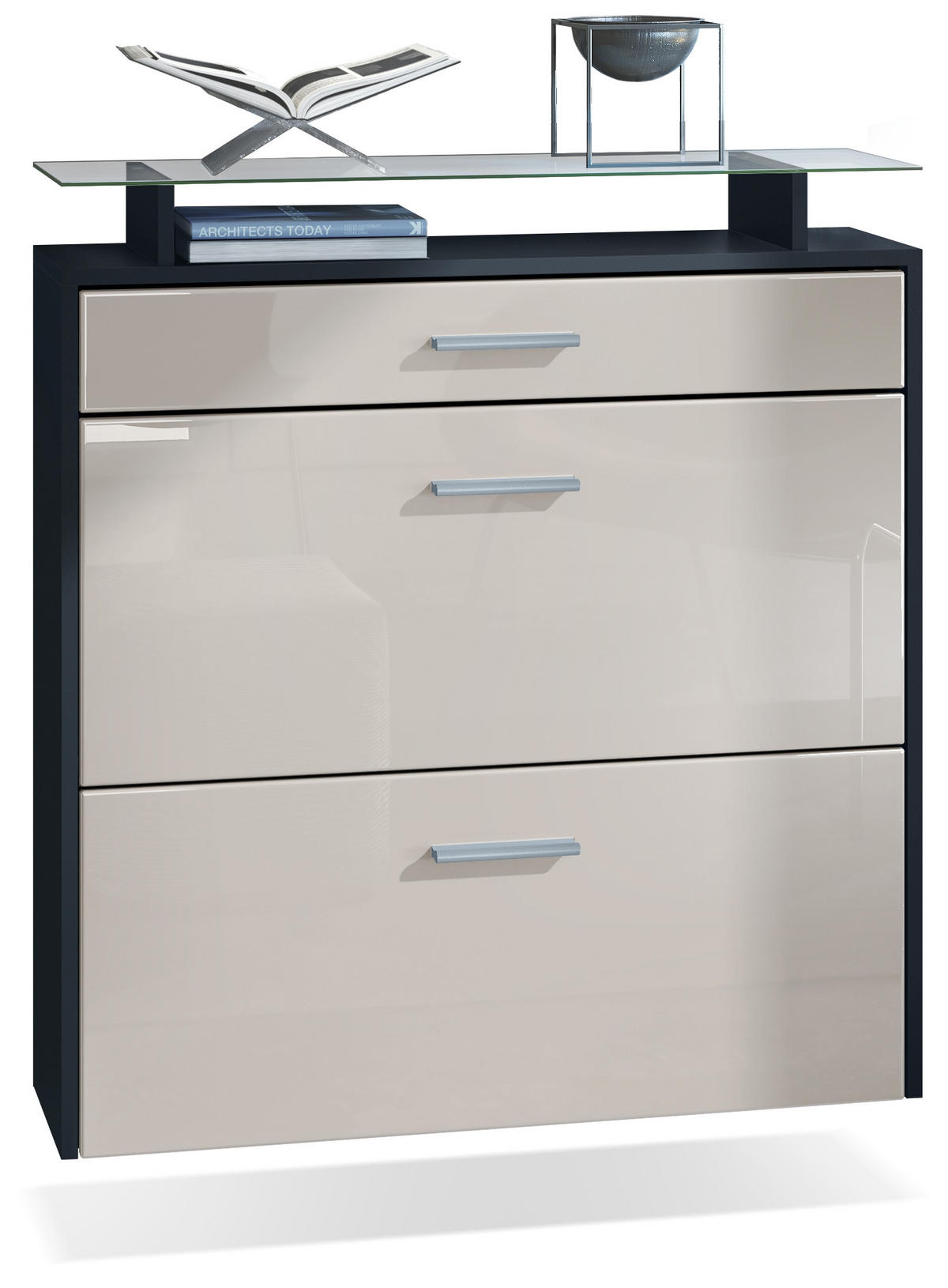 SCHUHSCHRANK Malea Front in Sandgrau Hochglanz - Sandfarben, Holzwerkstoff (89/96/23cm) - Vladon