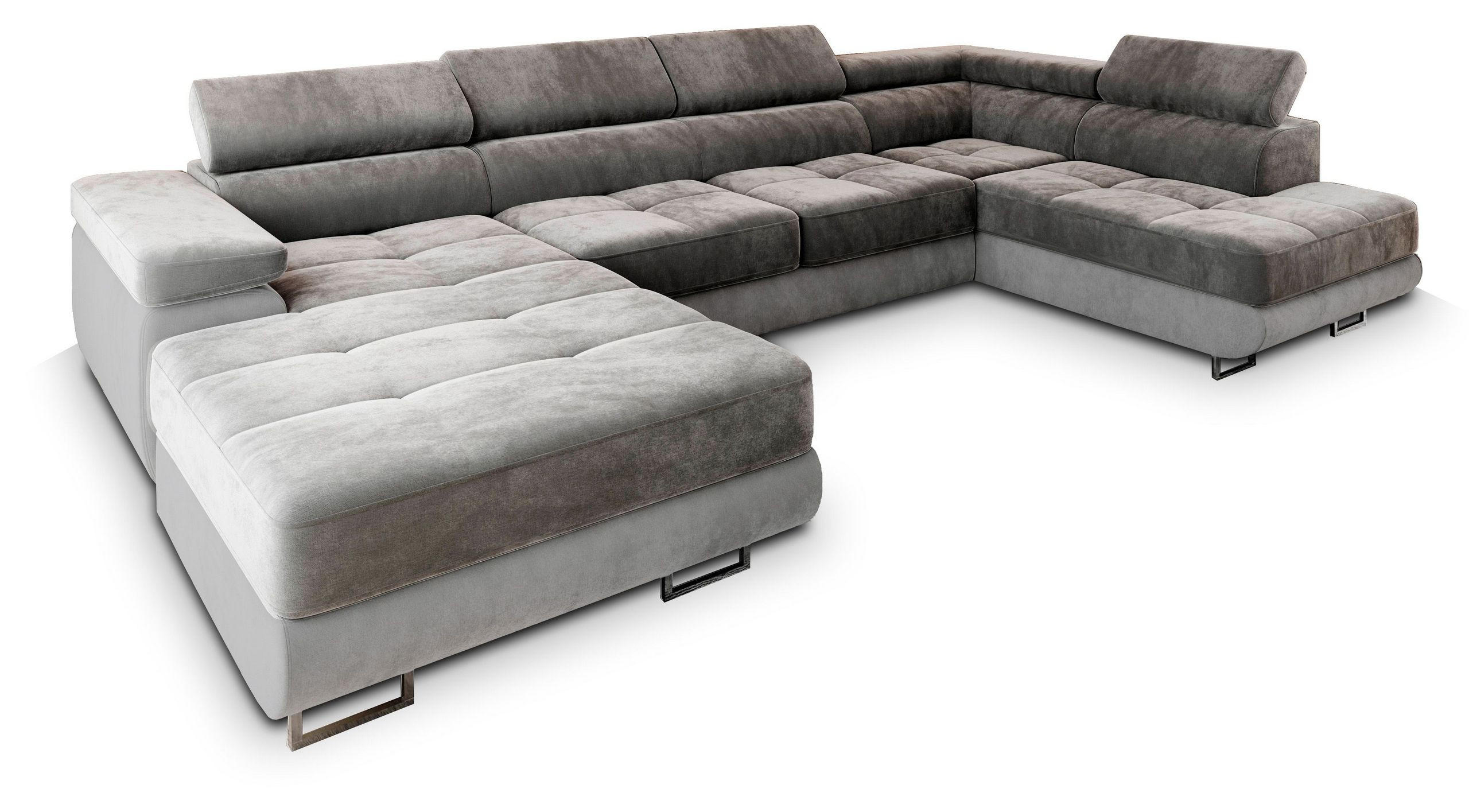 WOHNLANDSCHAFT CASONE R-S Grau Velours-Stoff mit Schlaffunktion - Grau, Holz (345/90/202cm) - MASSENO
